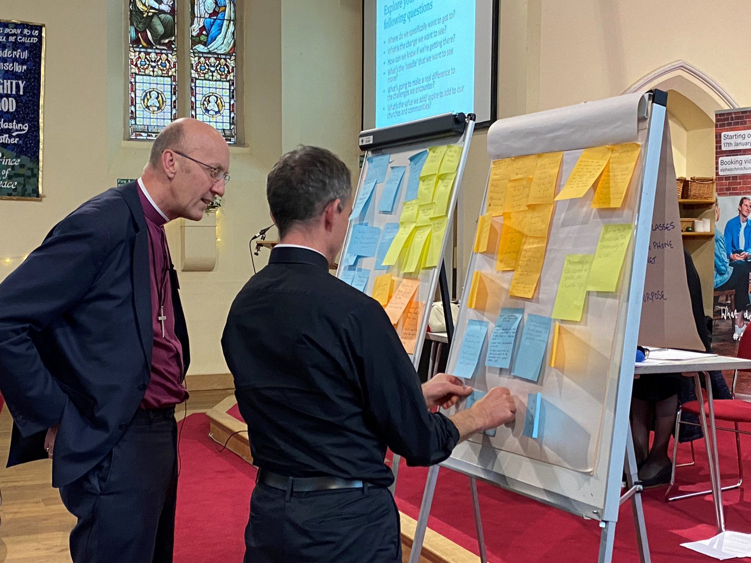 Bishop Michael and others reviewing strategy post its